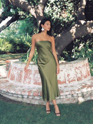 Satin Strapless Tie Back Maxi Dress