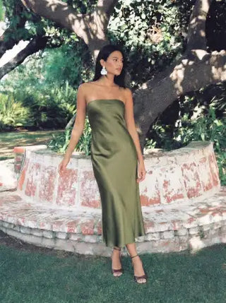 Satin Strapless Tie Back Maxi Dress