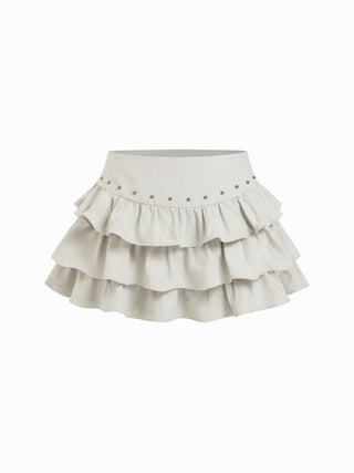 Low Rise Ruffled Metal Detail Layered Mini Skort