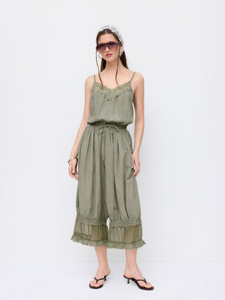 V-neck Lace Panel Oversized Drawstring Bloomer Jumpsuit