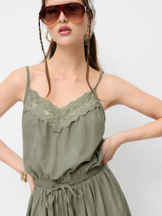 V-neck Lace Panel Oversized Drawstring Bloomer Jumpsuit