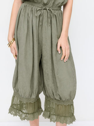 V-neck Lace Panel Oversized Drawstring Bloomer Jumpsuit