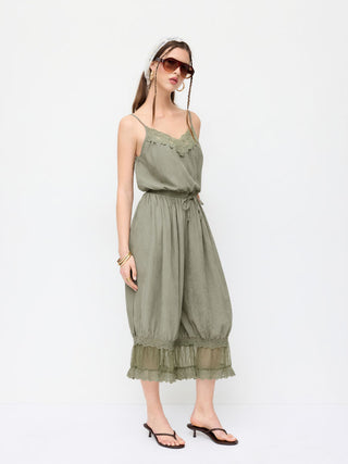 V-neck Lace Panel Oversized Drawstring Bloomer Jumpsuit