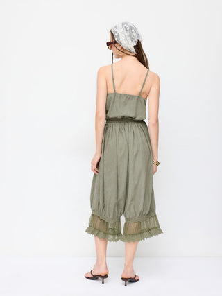 V-neck Lace Panel Oversized Drawstring Bloomer Jumpsuit