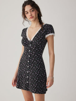 Ditsy Floral V-neck Lace Trim High Rise A-line Mini Dress