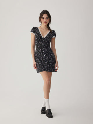 Ditsy Floral V-neck Lace Trim High Rise A-line Mini Dress