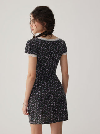 Ditsy Floral V-neck Lace Trim High Rise A-line Mini Dress