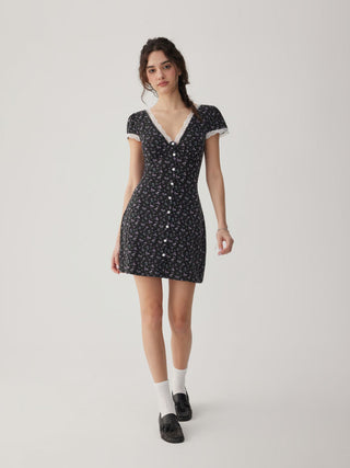 Ditsy Floral V-neck Lace Trim High Rise A-line Mini Dress