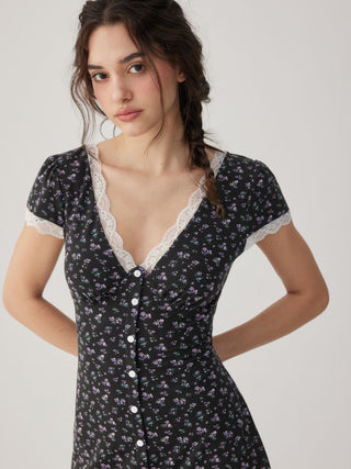 Ditsy Floral V-neck Lace Trim High Rise A-line Mini Dress