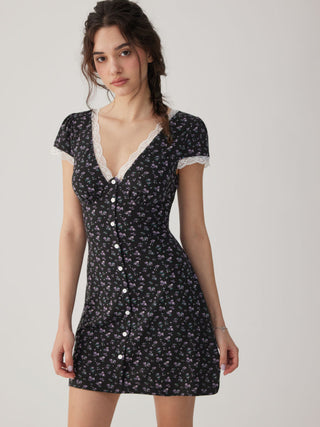 Ditsy Floral V-neck Lace Trim High Rise A-line Mini Dress