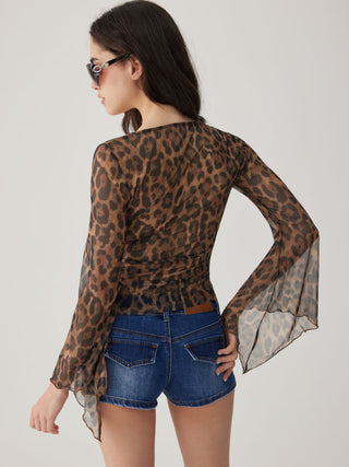 Chiffon Leopard Square Neck Bell Sleeve Top