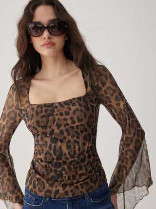 Chiffon Leopard Square Neck Bell Sleeve Top