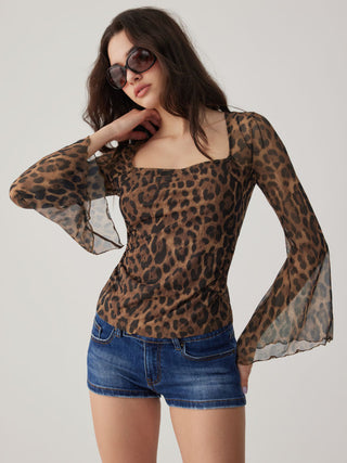 Chiffon Leopard Square Neck Bell Sleeve Top