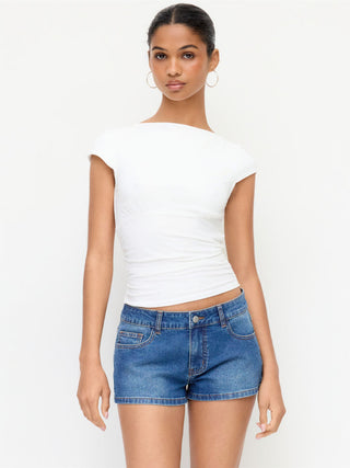Stretch Denim Low Rise Floral Shorts
