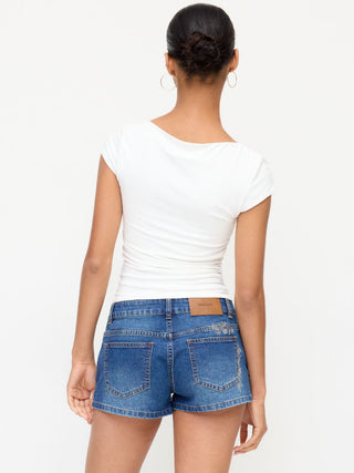 Stretch Denim Low Rise Floral Shorts