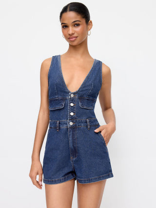 Denim V-Neck Button Front Metal Detail Jumpsuit
