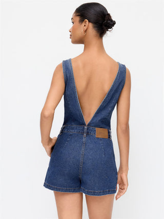 Denim V-Neck Button Front Metal Detail Jumpsuit