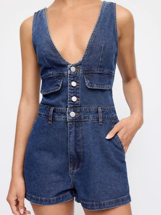 Denim V-Neck Button Front Metal Detail Jumpsuit