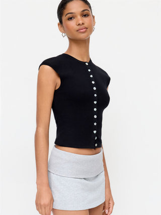 Knit Round Neck Button Front Top