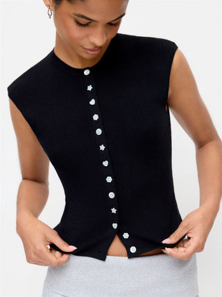 Knit Round Neck Button Front Top