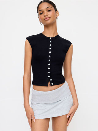 Knit Round Neck Button Front Top