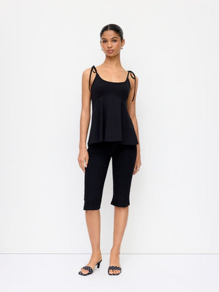 Cotton-blend Square Neck Babydoll Tie-Shoulder Flared Crop Top