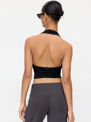 Cotton-blend Scoop Neck Halter Crop Top