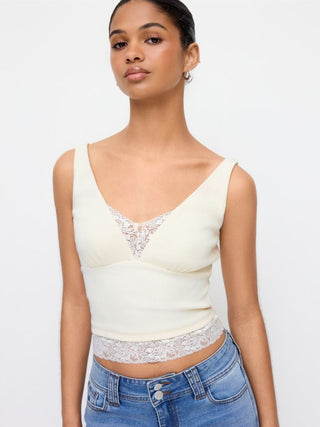 Cotton V-Neck Lace Panel Tank Top