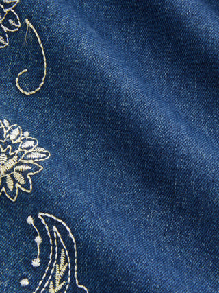Stretch Denim Floral Embroidery High Rise Flared Trousers