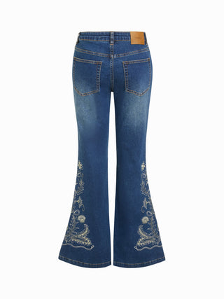 Stretch Denim Floral Embroidery High Rise Flared Trousers