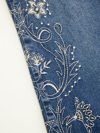 Stretch Denim Floral Embroidery High Rise Flared Trousers