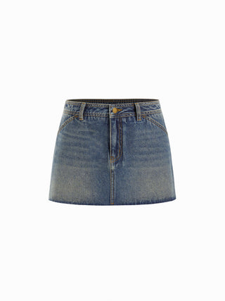 Washed Denim Low Rise A-line Mini Skirt With Metal Detail