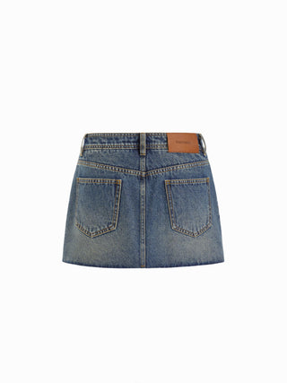 Washed Denim Low Rise A-line Mini Skirt With Metal Detail
