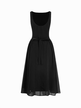 Chiffon Boat Neck Draped A-line Midi Dress