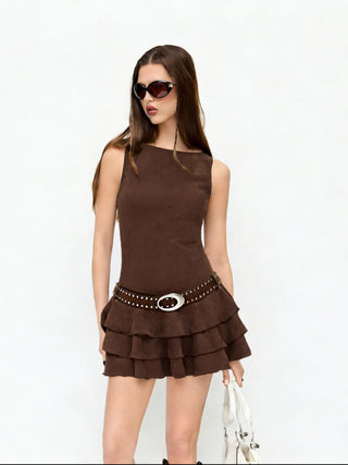 Round Neckline Layered Hem Mini Dress With Studded Belt
