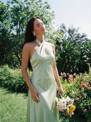 Satin Halter Neck Twist Knotted A-line Maxi Dress