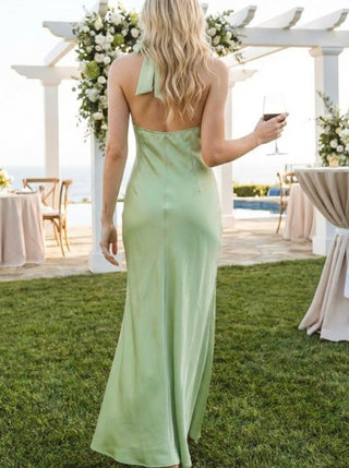Satin Halter Neck Twist Knotted A-line Maxi Dress