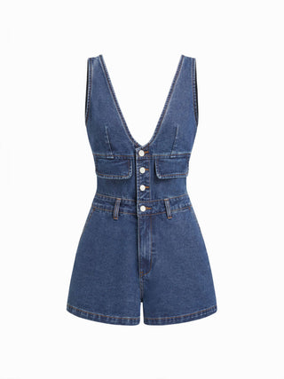 Denim V-Neck Button Front Metal Detail Jumpsuit