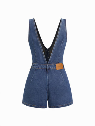 Denim V-Neck Button Front Metal Detail Jumpsuit