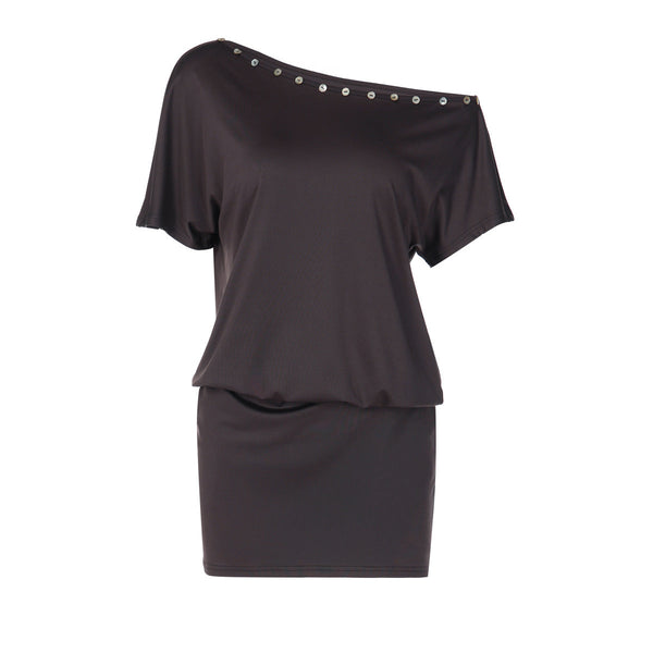 Short sleeve irregular button applique mini dress  | Festival Outfits Women