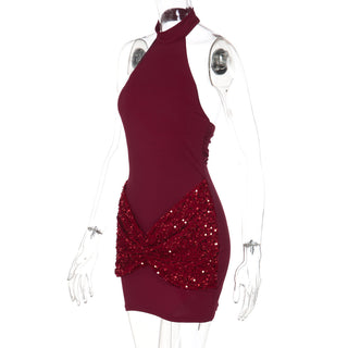 Glitter ruched button halter backless mini dress  | Festival Outfits Women