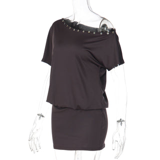 Short sleeve irregular button applique mini dress  | Festival Outfits Women