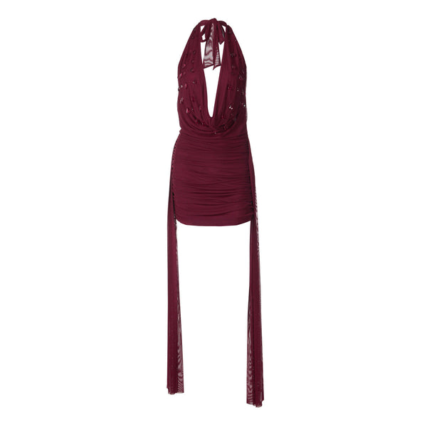 Halter cowl neck self tie water drop applique mini dress  | Festival Outfits Women