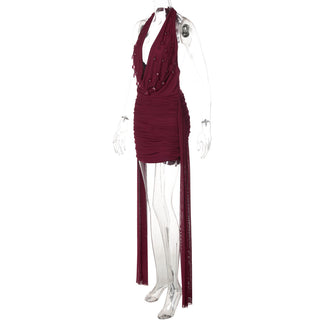 Halter cowl neck self tie water drop applique mini dress  | Festival Outfits Women