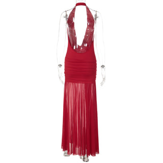 Cowl neck halter slit mesh irregular maxi dress  | Festival Outfits Women