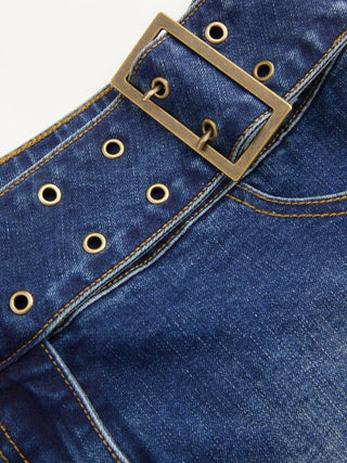 Washed Denim Low Rise Metal Buckle Belted Micro Shorts