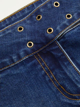 Washed Denim Low Rise Metal Buckle Belted Micro Shorts