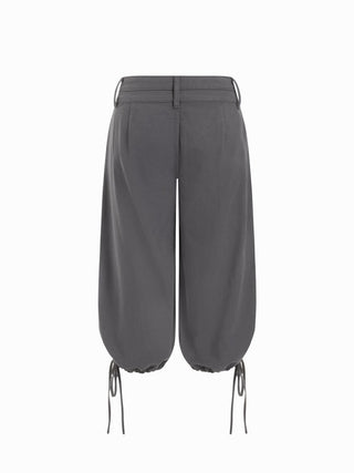 Washed Denim Low Rise Drawstring Hem Pleated Oversized Jogger Bermuda Jorts
