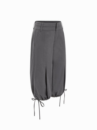 Washed Denim Low Rise Drawstring Hem Pleated Oversized Jogger Bermuda Jorts