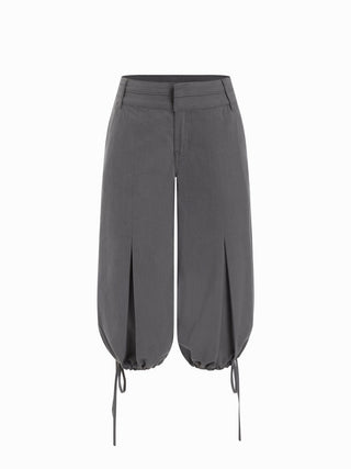 Washed Denim Low Rise Drawstring Hem Pleated Oversized Jogger Bermuda Jorts